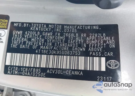 2005 Toyota Camry Le из США, поврежденный, VIN 4T1BE30K95U063753